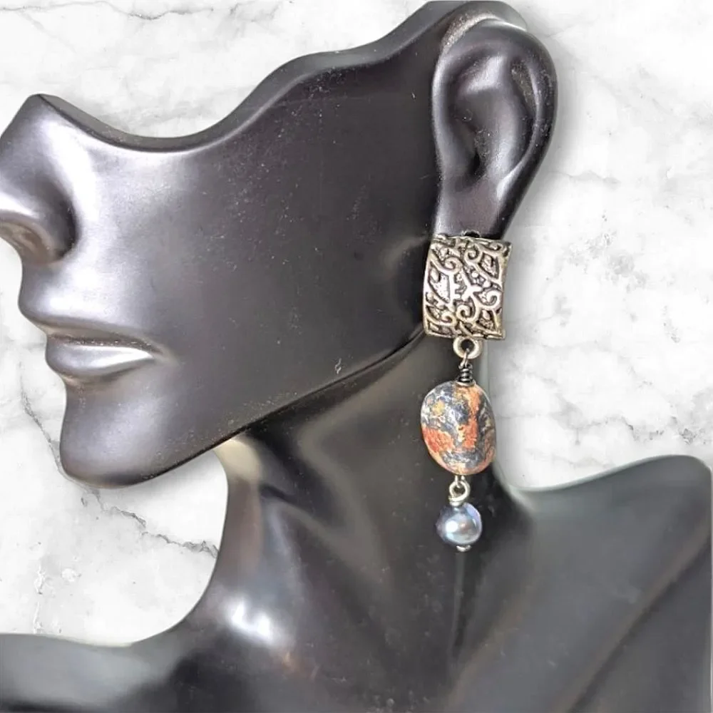Natural Stone And Tooled Silver Dangle Earrings